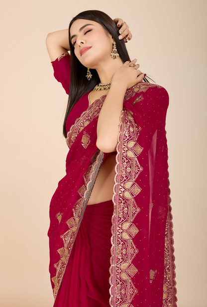 Elegant Deep Maroon Saree with Intricate Golden Embroidery Perfect for Weddings & Festive Occasions