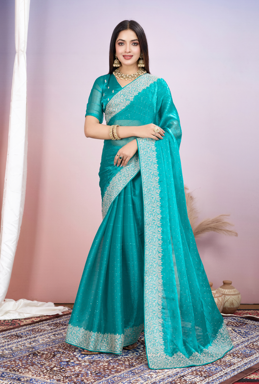 Sea Green Saree with Silver Embroidery & Elegant Border