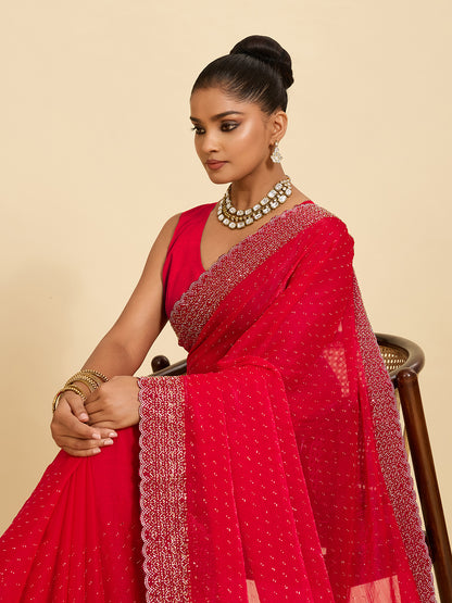 Redefined Grace – Crimson Red Saree Adorned with Pearl Work
