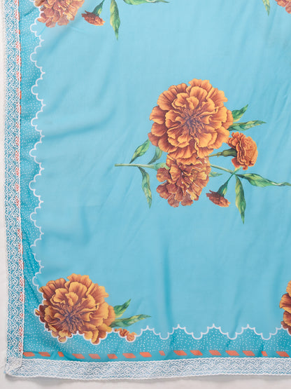 Elegant Floral Printed Georgette Saree with Lace Border