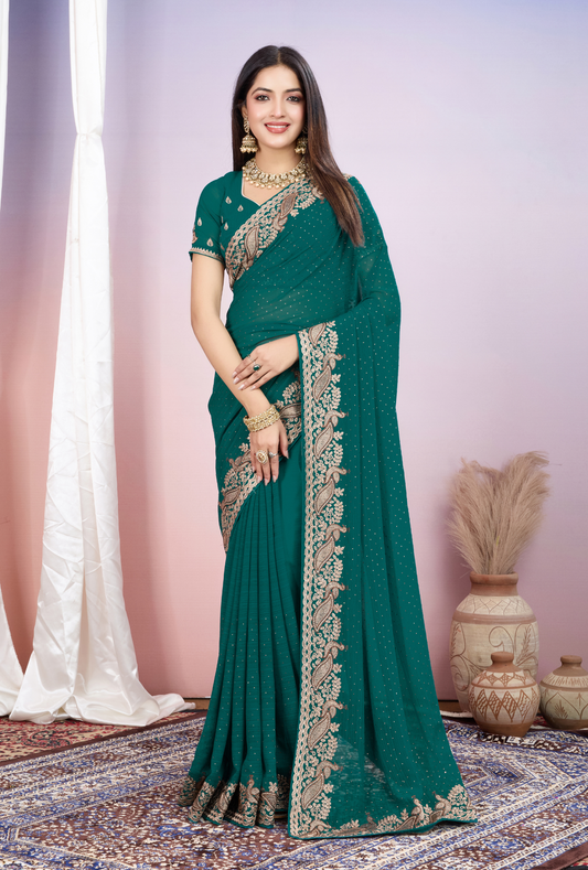 Regal Teal Green Saree with Exquisite Golden Embroidery