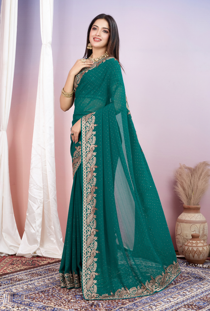 Regal Teal Green Saree with Exquisite Golden Embroidery