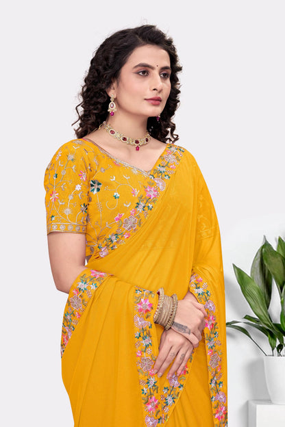 Embroidered Party Saree with Contrast Blouse