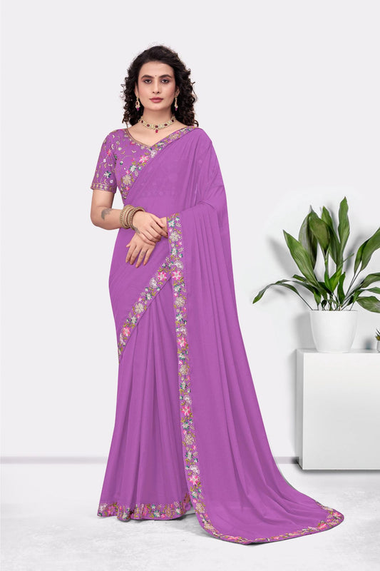 Embroidered Party Saree with Contrast Blouse