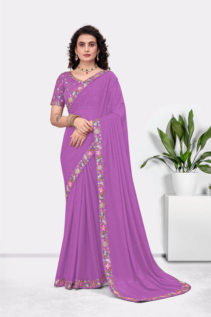 Embroidered Party Saree with Contrast Blouse