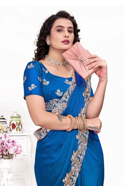 Embroidered Party Saree with Contrast Blouse