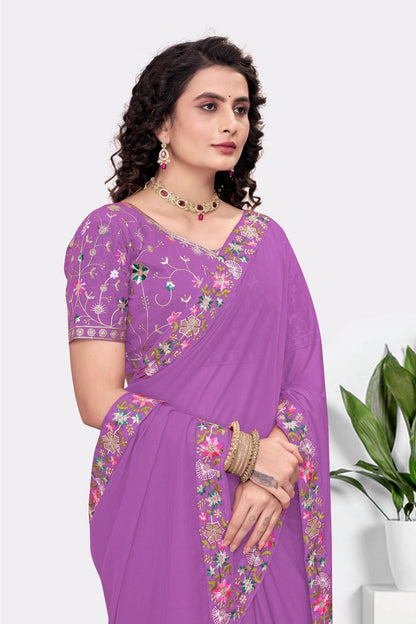 Embroidered Party Saree with Contrast Blouse
