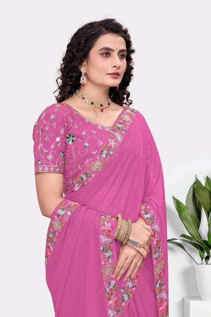 Embroidered Party Saree with Contrast Blouse