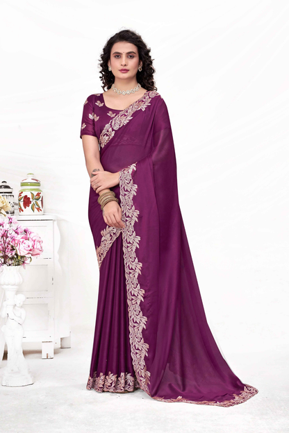 Embroidered Party Saree with Contrast Blouse