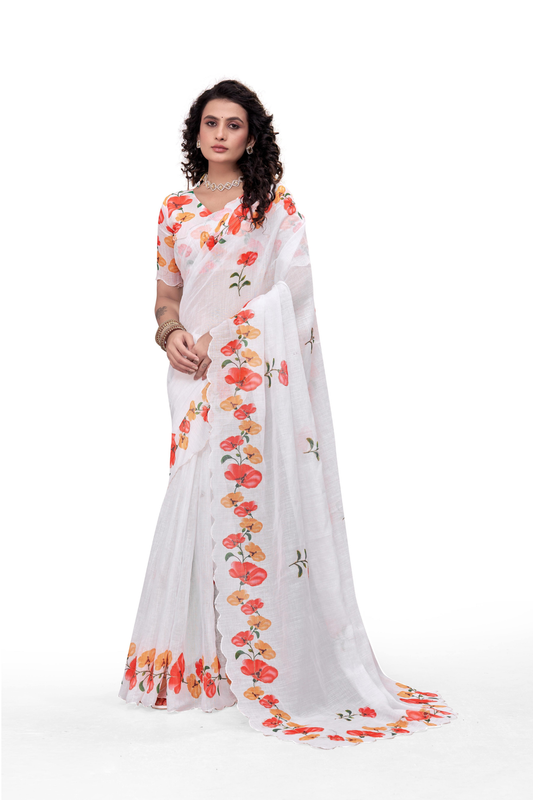 Elegant White Linen Saree with Floral Print Border
