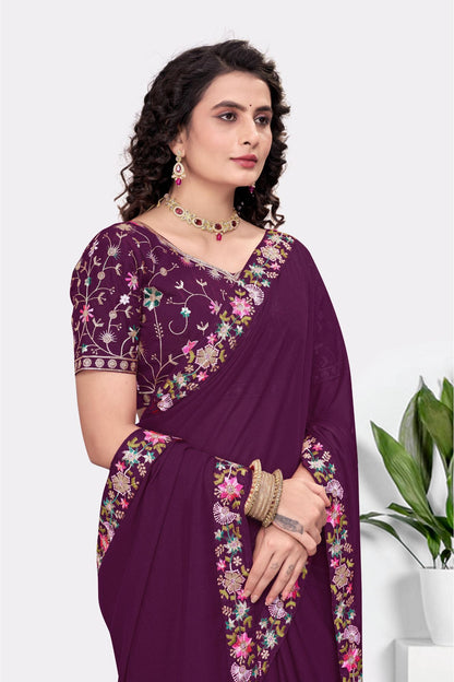 Embroidered Party Saree with Contrast Blouse