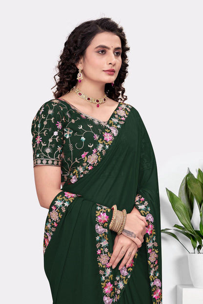 Embroidered Party Saree with Contrast Blouse