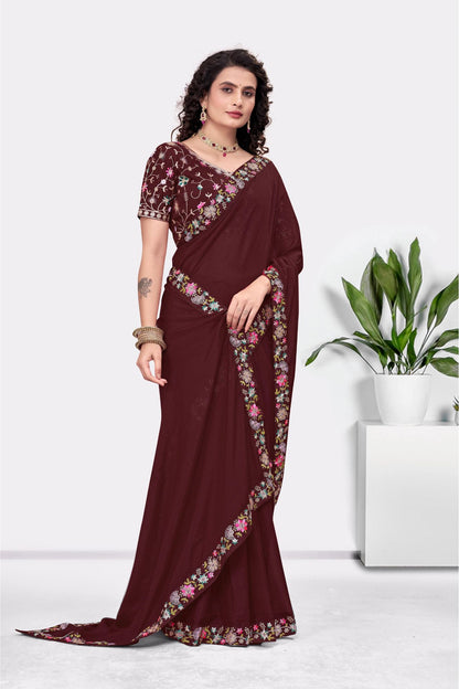 Embroidered Party Saree with Contrast Blouse