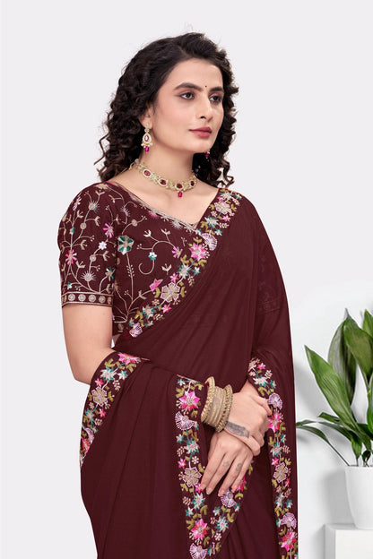 Embroidered Party Saree with Contrast Blouse