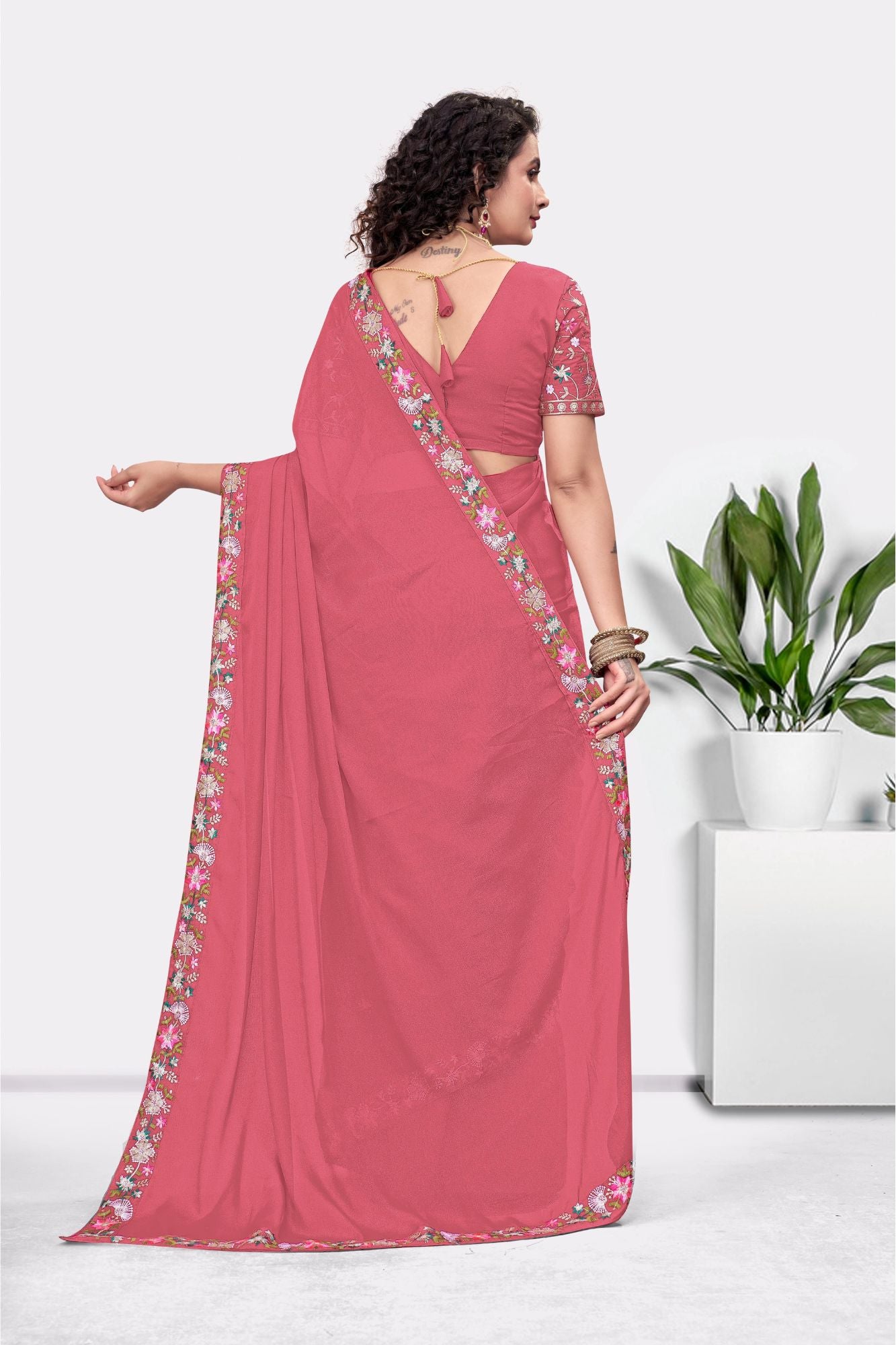 Embroidered Party Saree with Contrast Blouse