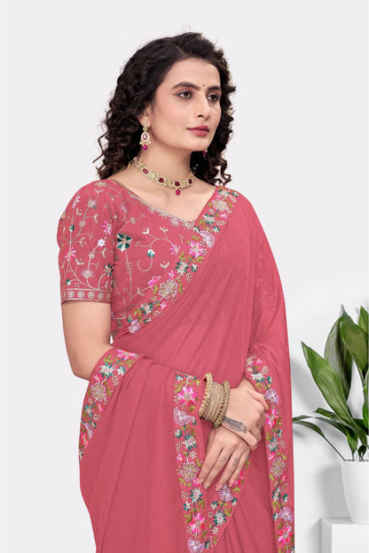 Embroidered Party Saree with Contrast Blouse