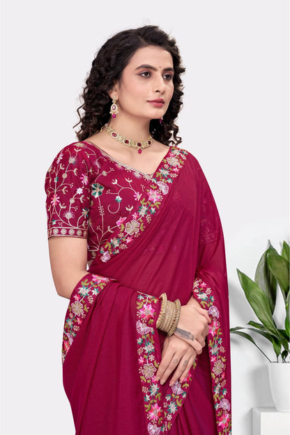 Embroidered Party Saree with Contrast Blouse