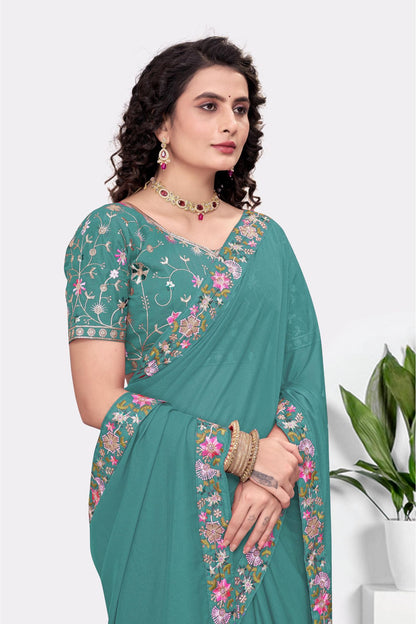Embroidered Party Saree with Contrast Blouse
