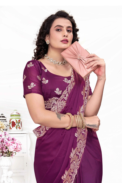 Embroidered Party Saree with Contrast Blouse