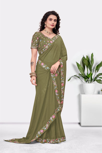 Embroidered Party Saree with Contrast Blouse