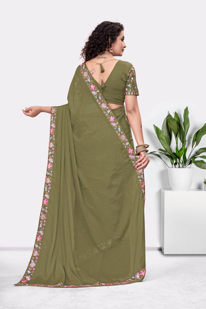 Embroidered Party Saree with Contrast Blouse