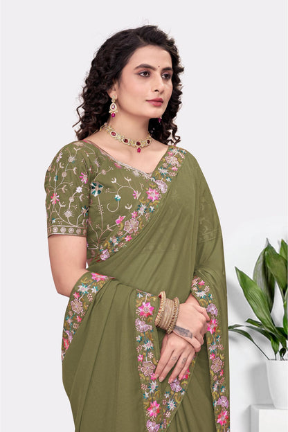 Embroidered Party Saree with Contrast Blouse