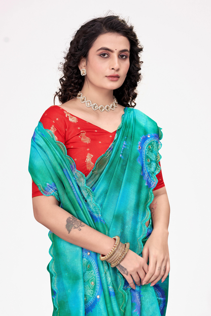 Elegant Aqua Blue Printed Georgette Saree with Contrast Red Blouse