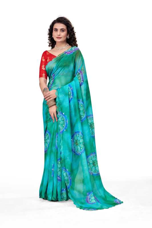 Elegant Aqua Blue Printed Georgette Saree with Contrast Red Blouse