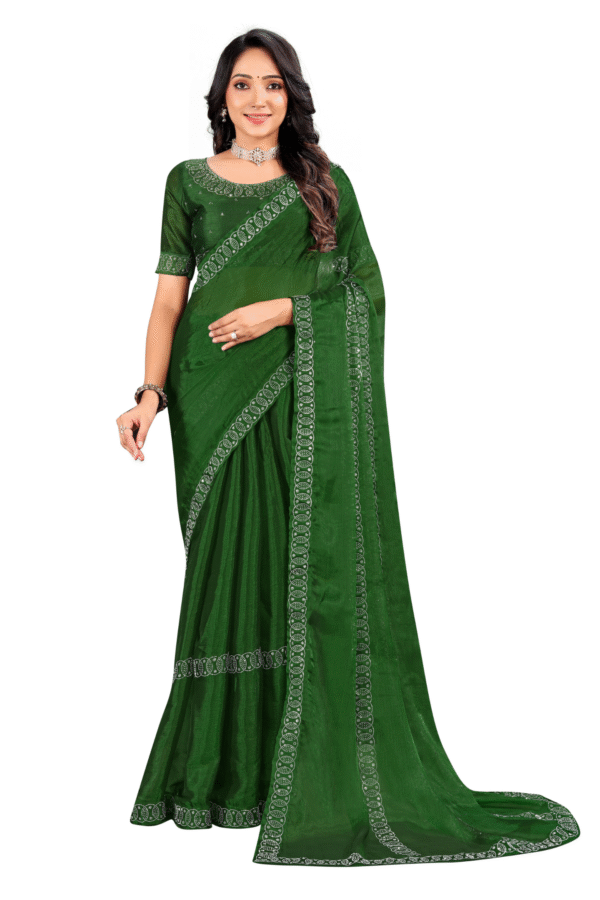 Green And Swaroski Work Ready To Wear Saree With Stonwork Desgin Border