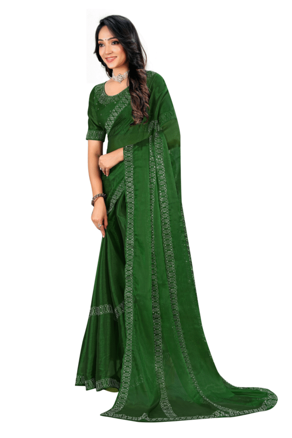 Green And Swaroski Work Ready To Wear Saree With Stonwork Desgin Border - Image 2