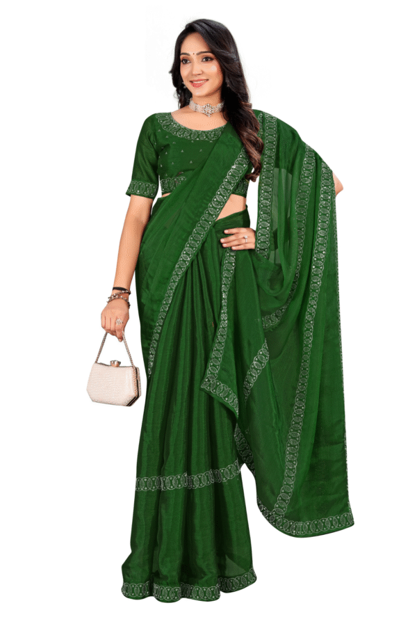 Green And Swaroski Work Ready To Wear Saree With Stonwork Desgin Border - Image 4