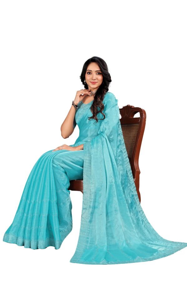 Blue And Gold Toned Floral Pure Swaroski Saree - Image 5