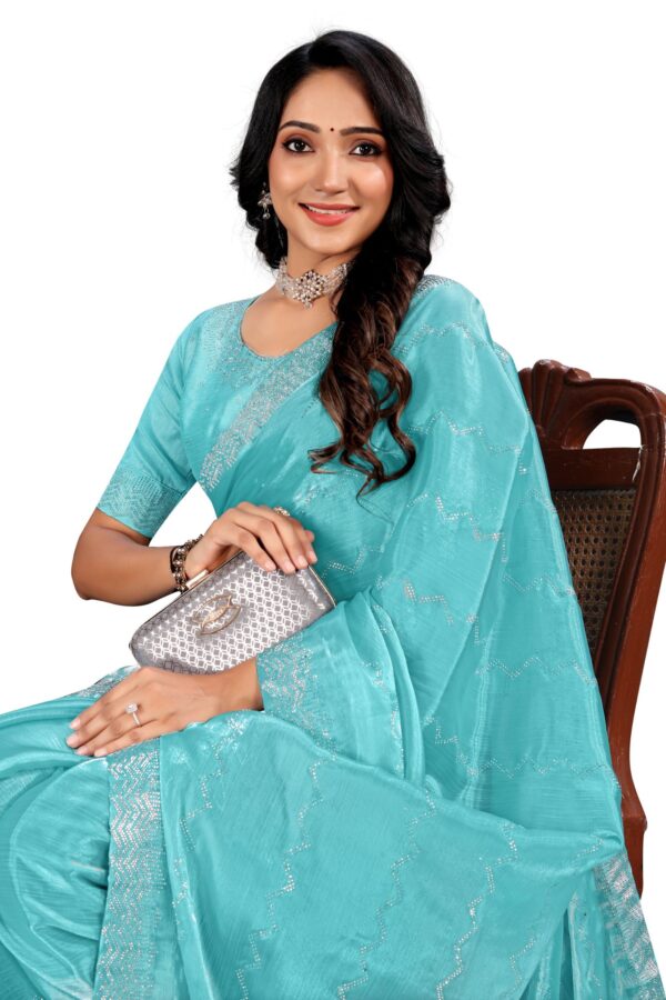 Blue And Gold Toned Floral Pure Swaroski Saree - Image 4