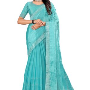 Blue And Gold Toned Floral Pure Swaroski Saree