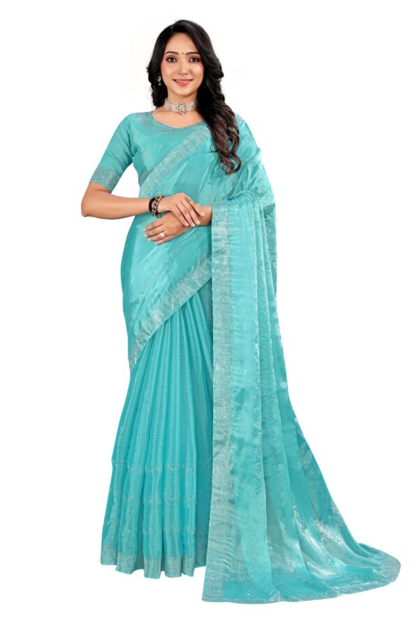 Blue And Gold Toned Floral Pure Swaroski Saree